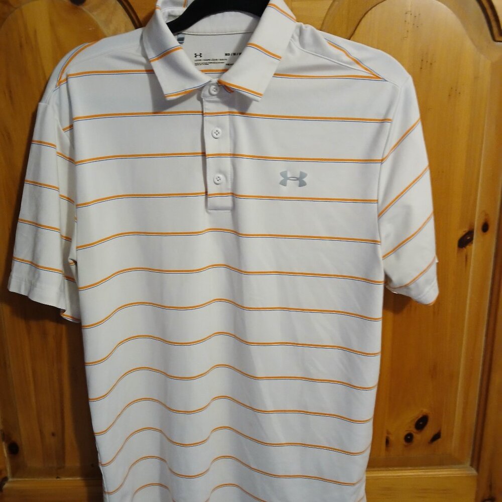 Men’s Under Armour Heatgear Polo Golf White/Orange Medium EUC
